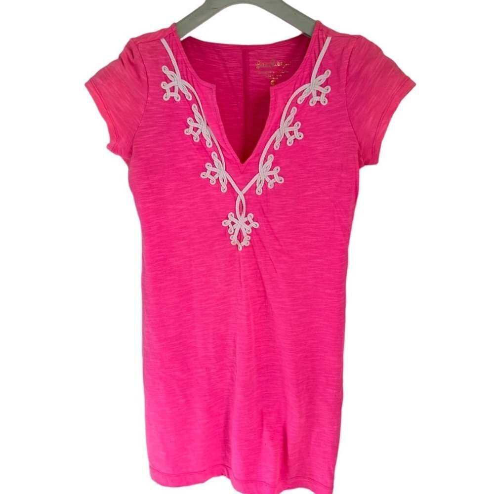 Lilly Pulitzer Slip-on Dress Pink White Embroidery Short Sleeve Cotton Size XSma